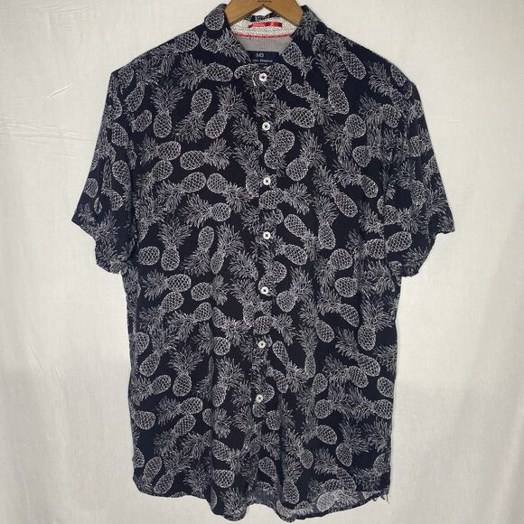 MICHAEL BRANDON Shirt Blue White Pineapple Slim Fit Button Short Sleeve Mens L - Picture 2 of 9